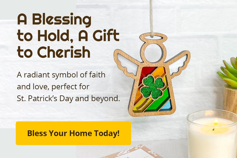 A Blessing to Hold, A Gift to Cherish. A radiant symbol of faith and love, perfect for St. Patrick's Day and beyond. Bless Your Home Today! A beautiful four-leaf clover Mother’s Angels® ornament hangs against a white brick wall. A succulent and a burning candle is displayed nearby.