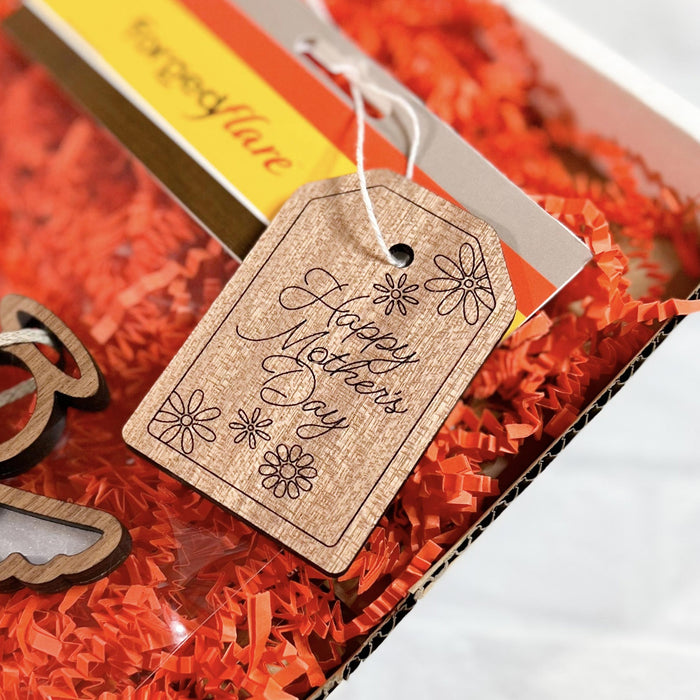 Wooden 'Happy Mother's Day' gift tag, intricately designed to add a personalized touch to any Mother's Day present.