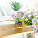 A Goldfinch Ornament from Forged Flare’s Mother's Angels® collection, featuring a 3.5" angel figurine with white wings and a green and yellow bird design, sits on a gold shelf. This delightful gift for bird lovers includes an arrangement with white and purple flowers in vases, books, all set against a light pink wall that exudes calm and decorative ambiance.