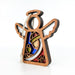 Introducing the Christmas Nativity Red Wise Man Angel Figurine by Forged Flare®, a 3.5" decorative piece from the Mother's Angels® collection. This wooden ornament showcases intricate cutout details, perfect for a nativity gift. It features colorful inlays with vibrant blue, green, and red sections and includes a beige cord loop at the top for hanging. The angel has wings and an abstract halo design, enhancing its elegant appearance.