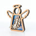 The Feather Ornament | 3.5" Angel Figurine from Forged Flare's Mother's Angels® collection is a wooden angel ornament adorned with cutout wings and a feather designed in the torso. It features stained glass–style accents in shades of blue, and white. Perfect as a mindfulness gift or as a Christmas tree ornament, it comes with a braided linen string attached at the top and is showcased against a white background.