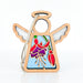 The Fuchsia Ornament by Forged Flare® is a 3.5" angel figurine from the Mother's Angels® collection. This wooden angel ornament features stained glass-style detailing, with outstretched wings, a halo, and a hanging loop made of string. The center showcases a colorful purple fuchsia flower design with shades of purple, red, and green on a light blue background—perfect as a Christmas tree ornament.