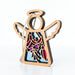 The Fuchsia Ornament by Forged Flare®, a 3.5" angel figurine from the Mother's Angels® collection, boasts intricate cut-out designs with a vibrant stained-glass effect in shades of blue, pink, and purple at its center. This wooden angel ornament featuring wings and a halo is perfect for adorning your Christmas tree and comes with a looped cord for easy hanging.