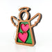 The Limited Edition Interlocking Hearts Ornament - Series 8 | 3.5" Angel Figurine by Forged Flare® features a decorative wooden angel with white wings and a green, glittery inlay. The body showcases two interlocking pink hearts, making it perfect for Valentine's Day gifts or heart-themed decor. Additionally, the ornament comes with a looped string for easy hanging. This unique piece is part of the Mother's Angels® collection.