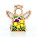 The Pansy Ornament (3.5" Angel Figurine) from the Mother's Angels® collection by Forged Flare® features a wooden angel with an open circular head, a delicate halo, and graceful wings. The body is adorned with vibrant yellow and purple pansies, accented by green leaves and intricate cut-out details. It comes complete with a string loop for hanging attached to one wing, making it the perfect Christmas ornament.