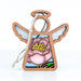 The Pink Peony Ornament by Forged Flare® is a 3.5" angel figurine from the Mother's Angels® collection, featuring wings and a halo. It is adorned with a pastel stained glass–style design showcasing a pink peony with a yellow center and green leaves. This charming Christmas tree ornament hangs from a braided linen string against a plain white background.