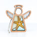 The Starfish Ornament | 3.5" Angel Figurine from Forged Flare®'s Mother's Angels® collection features a wooden angel figurine with a starfish design on its body, outlined in wood and filled with blue, yellow, and white wings, halo, and starfish. A string is attached for easy hanging on your Christmas tree.