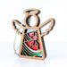 A Summer Watermelon Ornament from Mother's Angels® by Forged Flare®, featuring a 3.5" angel figurine with intricate cut-out patterns and colorful stained glass–style pieces. It has a string attached at the top for hanging, and the angel's wings and halo are highlighted by the design against a plain white background.