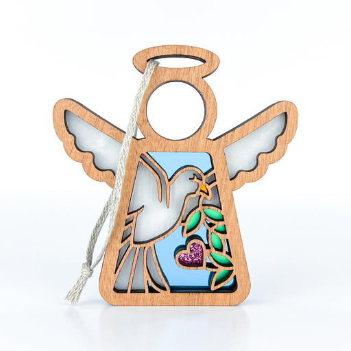 Mother’s Angels® ornament featuring a white dove holding an olive branch, symbolizing peace and love.