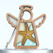 A wooden angel ornament with a string for hanging. The body of the angel features colorful stained glass–style sections in shades of yellow, blue, and cream, resembling the tranquil hues of a starfish ornament. It has delicate carved wings and a halo.